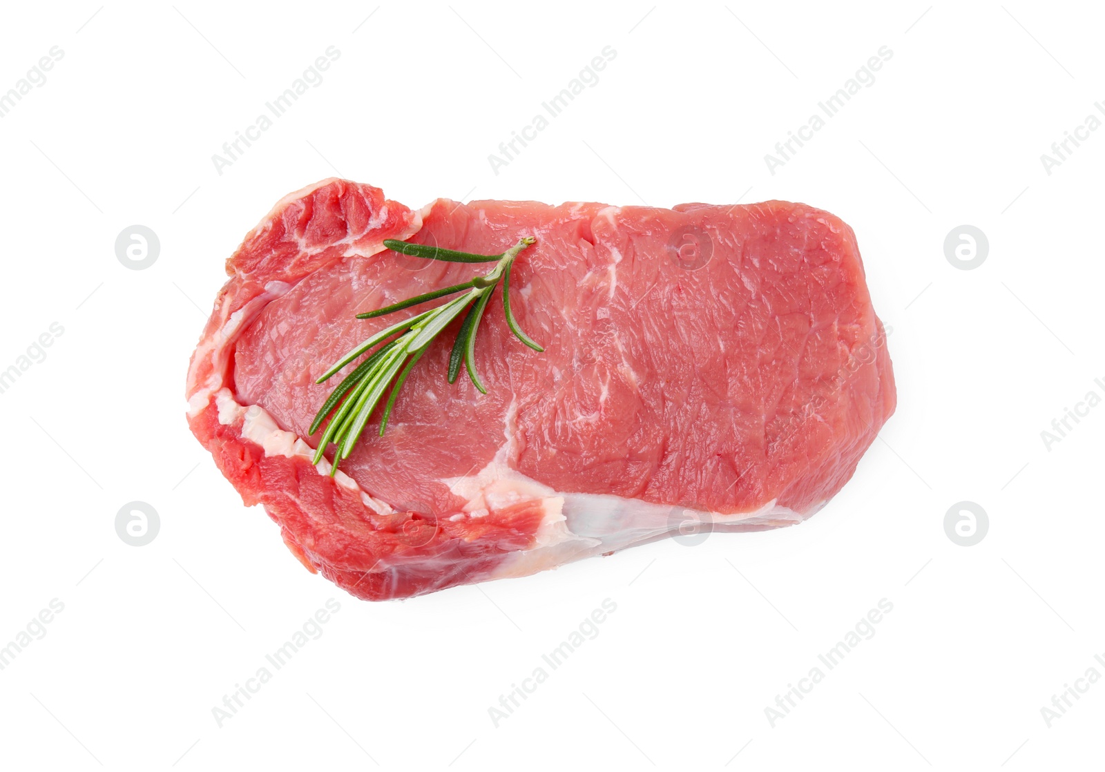 Photo of Fresh raw meat with rosemary isolated on white, top view