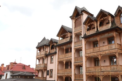 Photo of Truskavets, Ukraine - July 22, 2023: Exterior of beautiful residential building with balconies