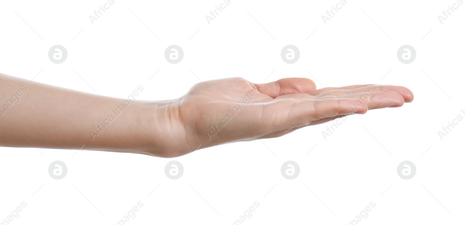 Photo of Woman holding something in hand on white background, closeup