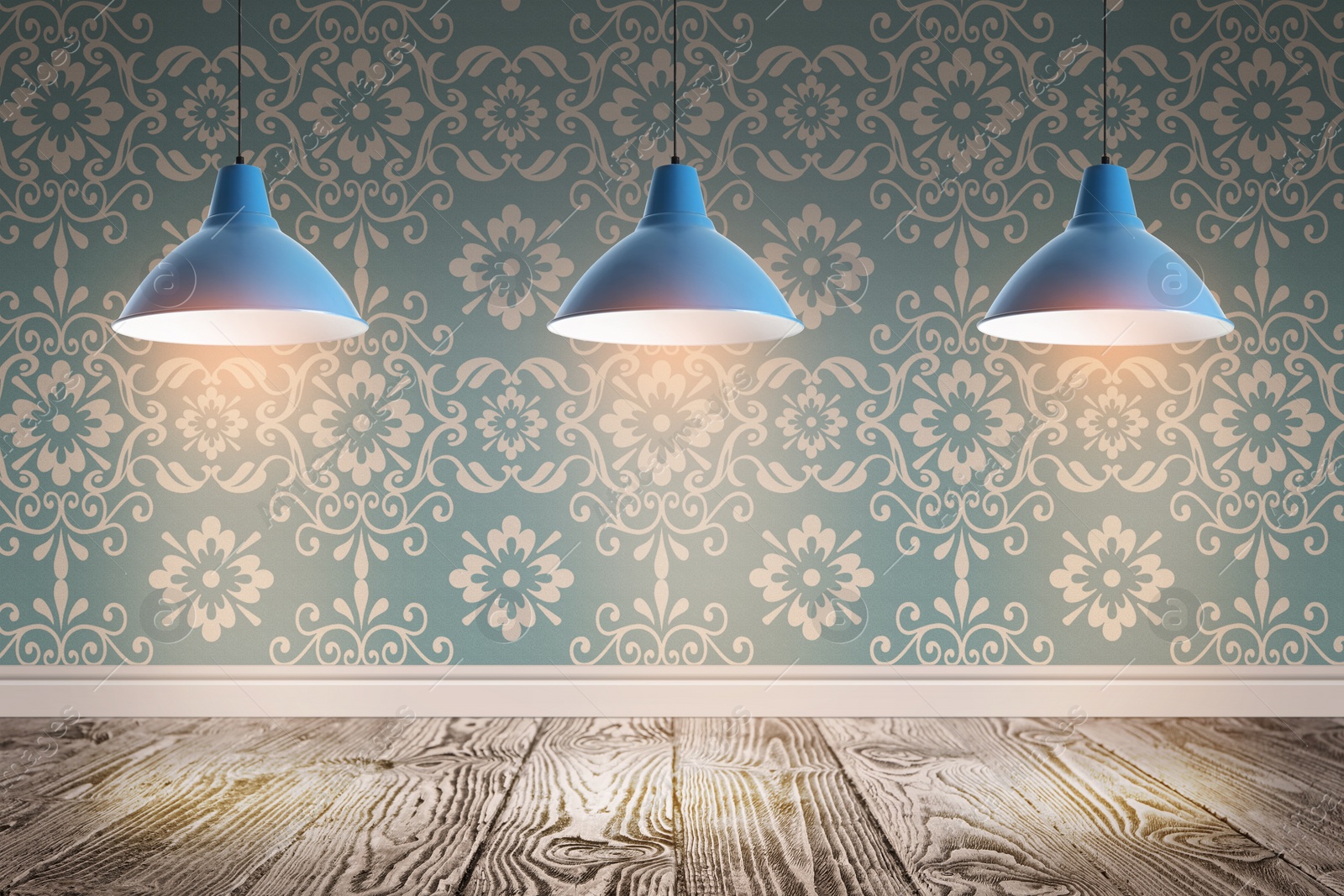 Image of Blue patterned wallpaper and glowing hanging lamps in room