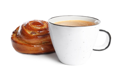 Photo of Delicious coffee and bun on white background. Sweet pastries