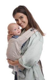 Mother holding her child in baby carrier on white background