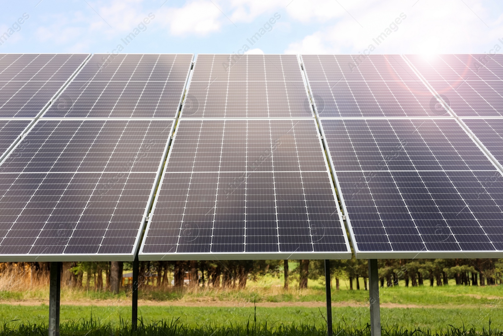 Photo of Solar panels in field on sunny day. Alternative energy