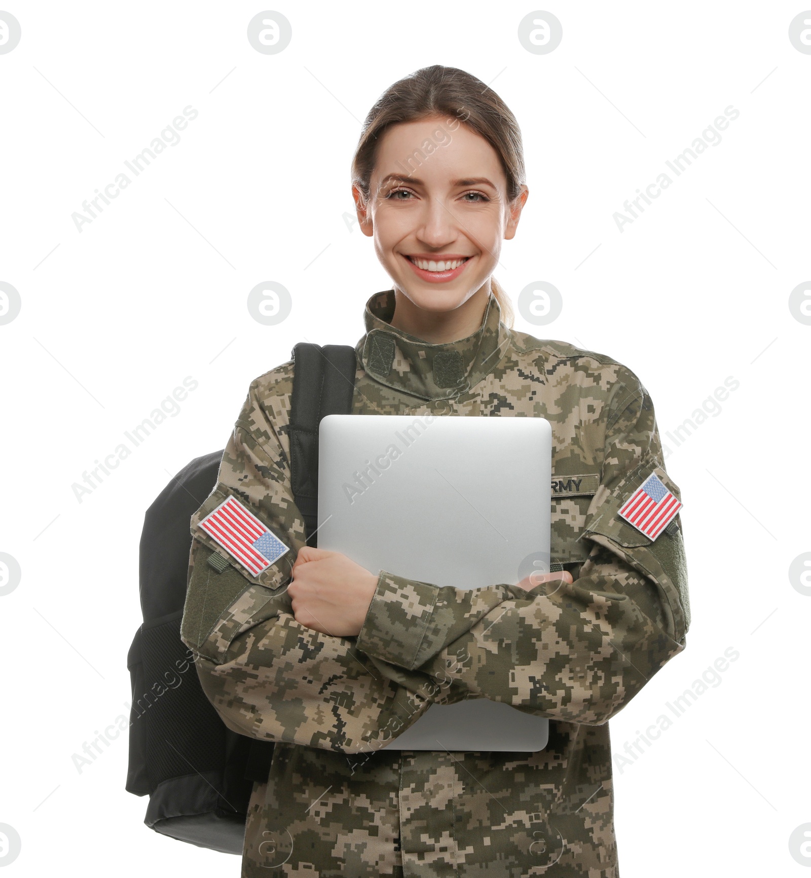 Photo of Female cadet with backpack and laptop isolated on white. Military education