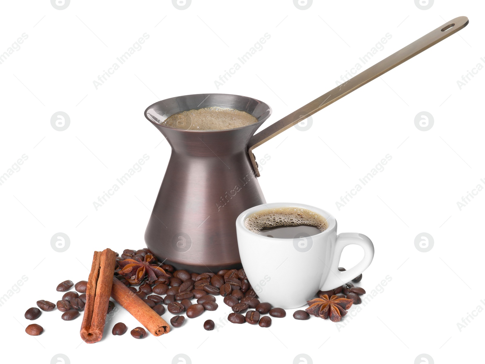 Photo of Hot turkish pot, cup of coffee, beans and spices on white background