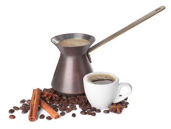 Photo of Hot turkish pot, cup of coffee, beans and spices on white background