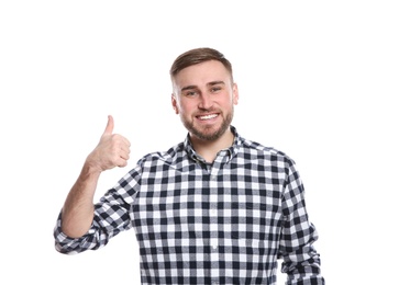 Man showing THUMB UP gesture in sign language on white background