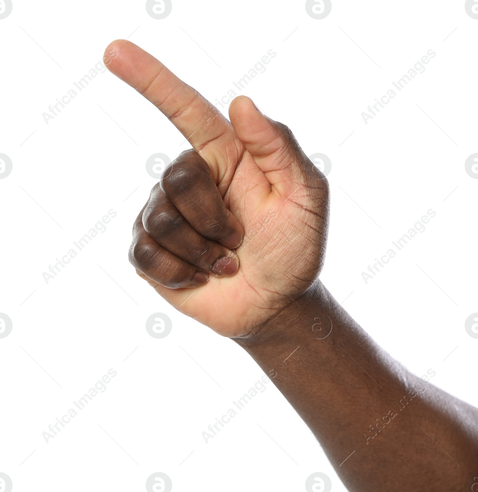 Photo of African-American man pointing at something on white background, closeup