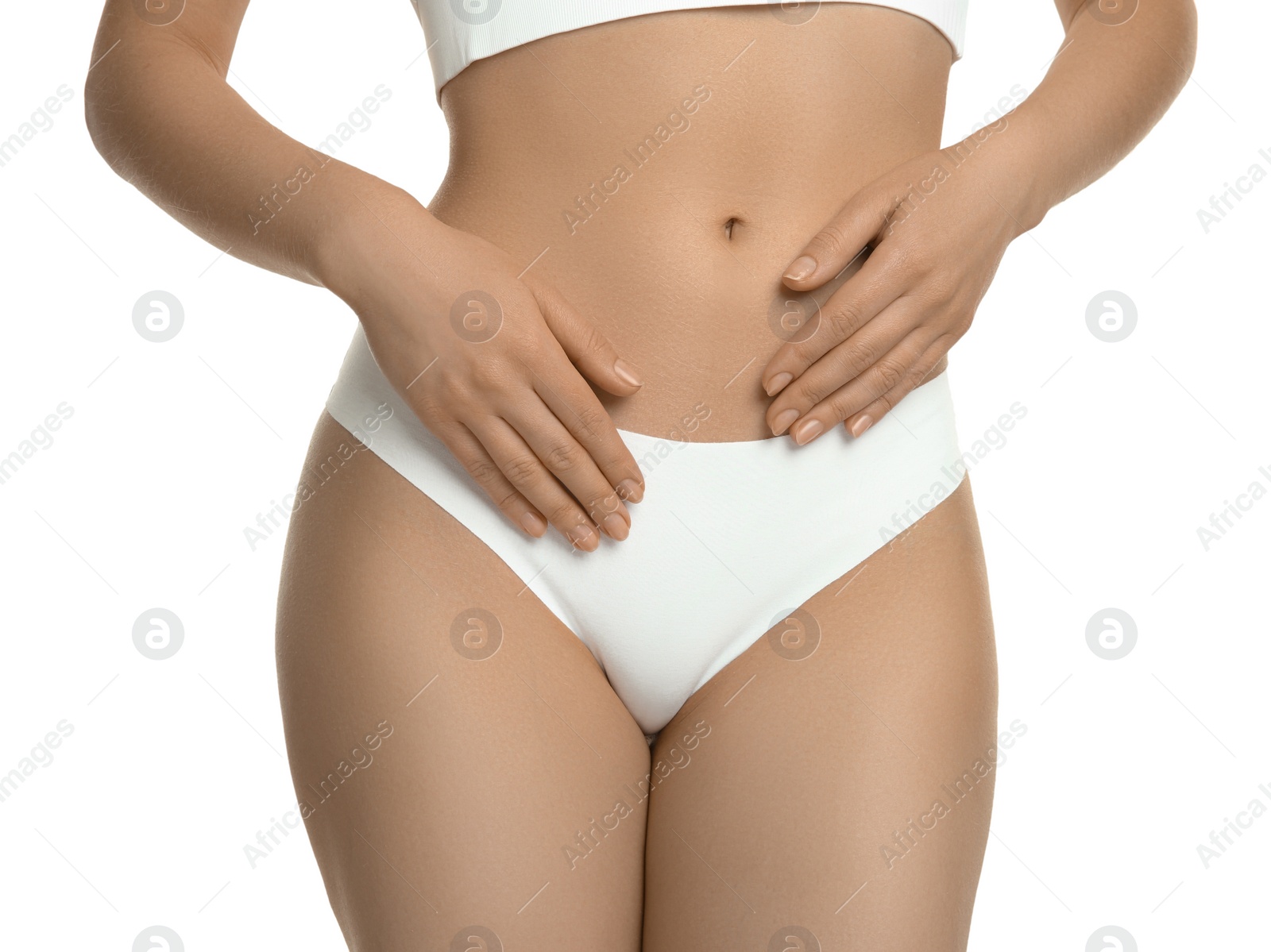 Photo of Gynecology. Woman in underwear on white background, closeup