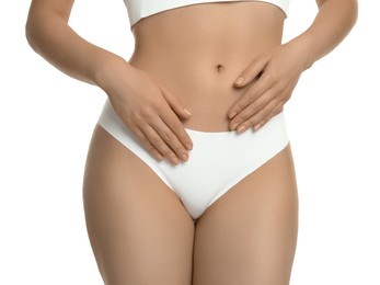 Gynecology. Woman in underwear on white background, closeup