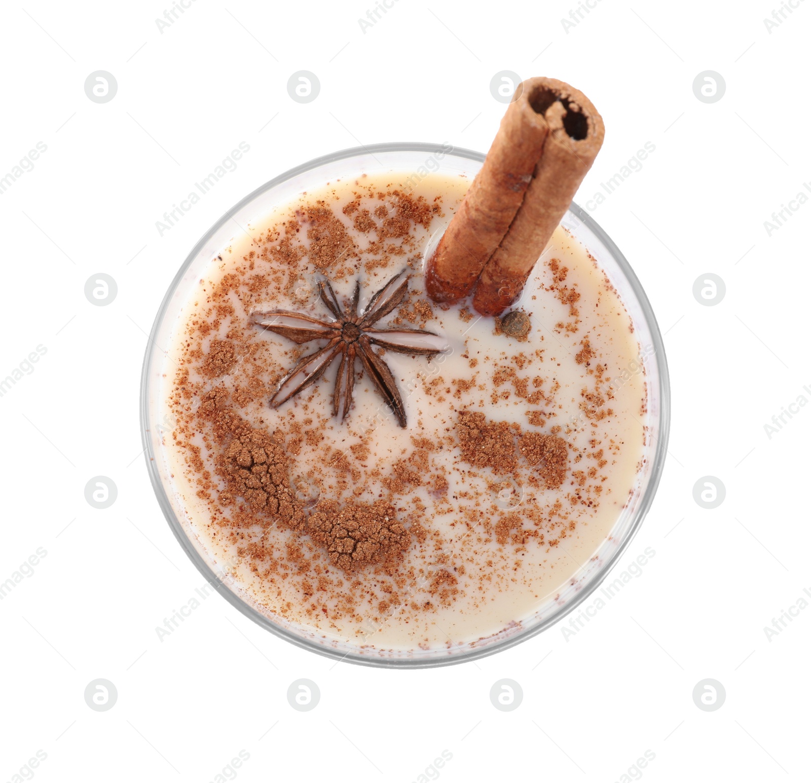 Photo of Delicious Christmas liqueur with cinnamon on white background, top view