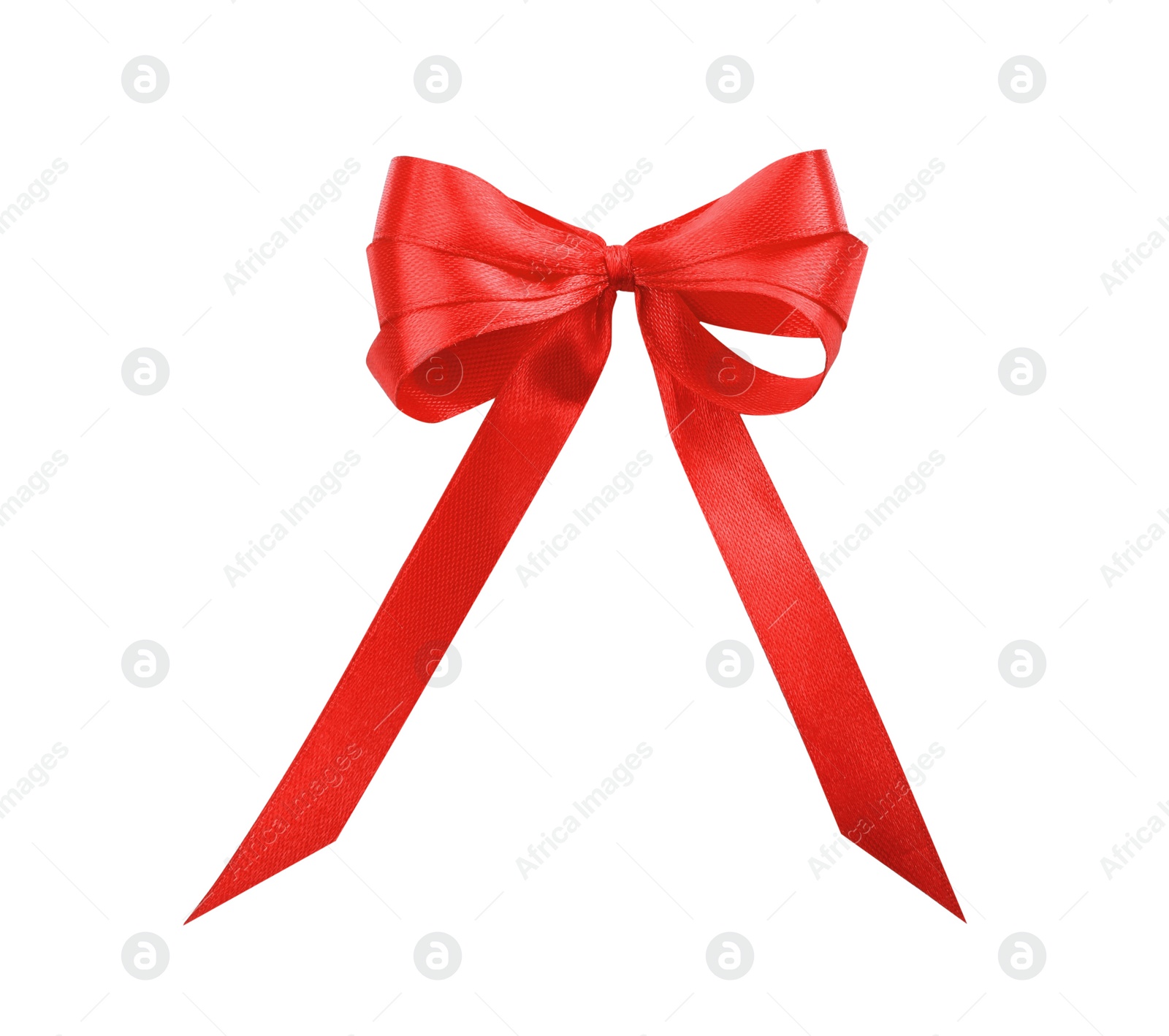 Photo of Beautiful red ribbon tied in bow isolated on white, top view