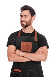 Photo of Professional hairdresser wearing apron on white background