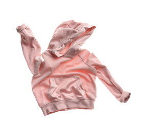 Photo of Rumpled pink hoodie isolated on white. Messy clothes