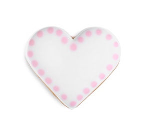 Photo of Delicious heart shaped cookie isolated on white, top view. Valentine's Day
