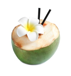 Photo of Fresh green coconut with drinking straws and flower on white background