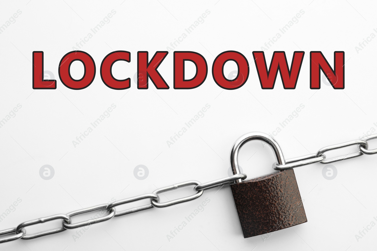 Image of Concept of lockdown due to Coronavirus pandemic. Steel padlock and chain isolated on white, top view