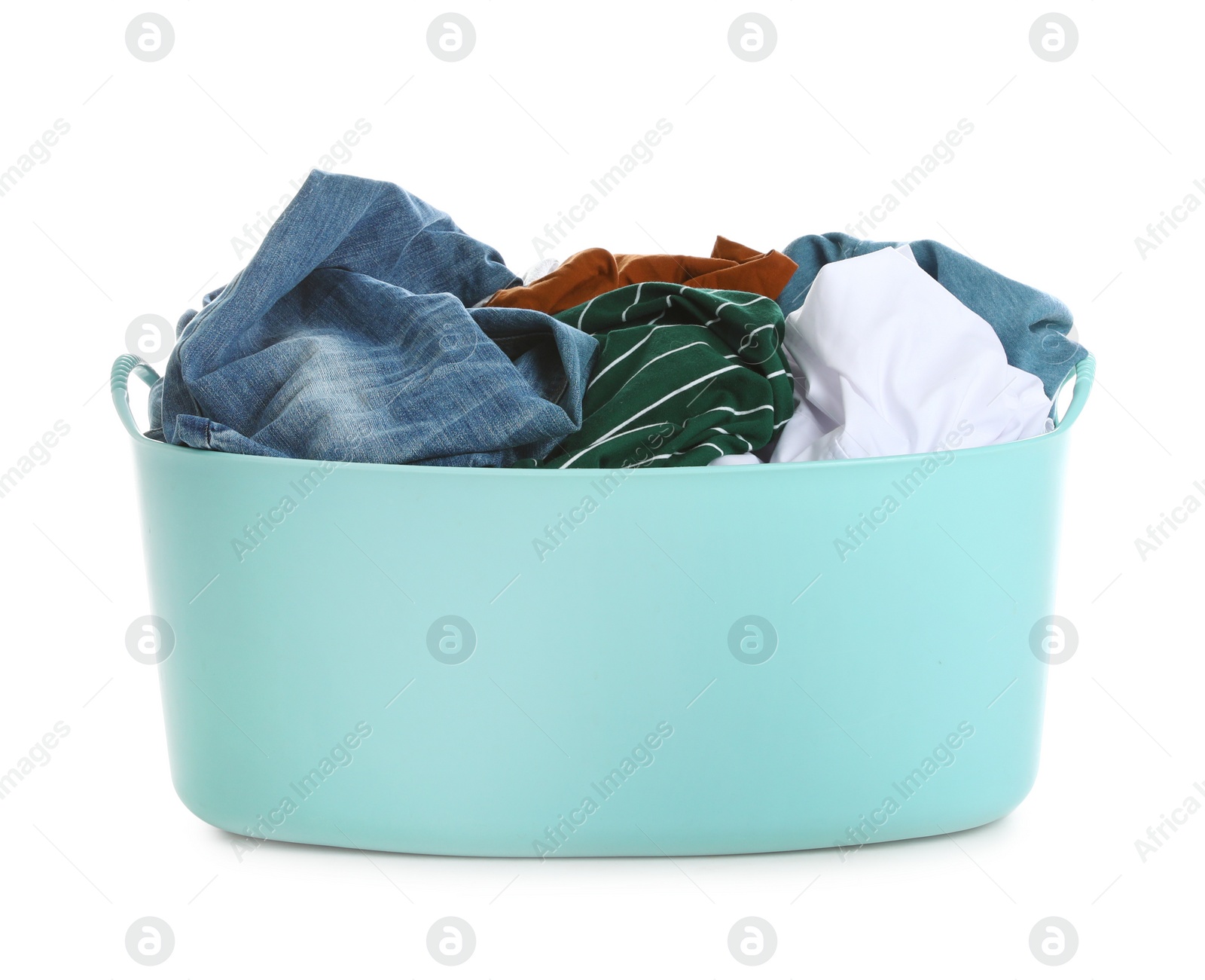 Photo of Plastic laundry basket full of dirty clothes on white background