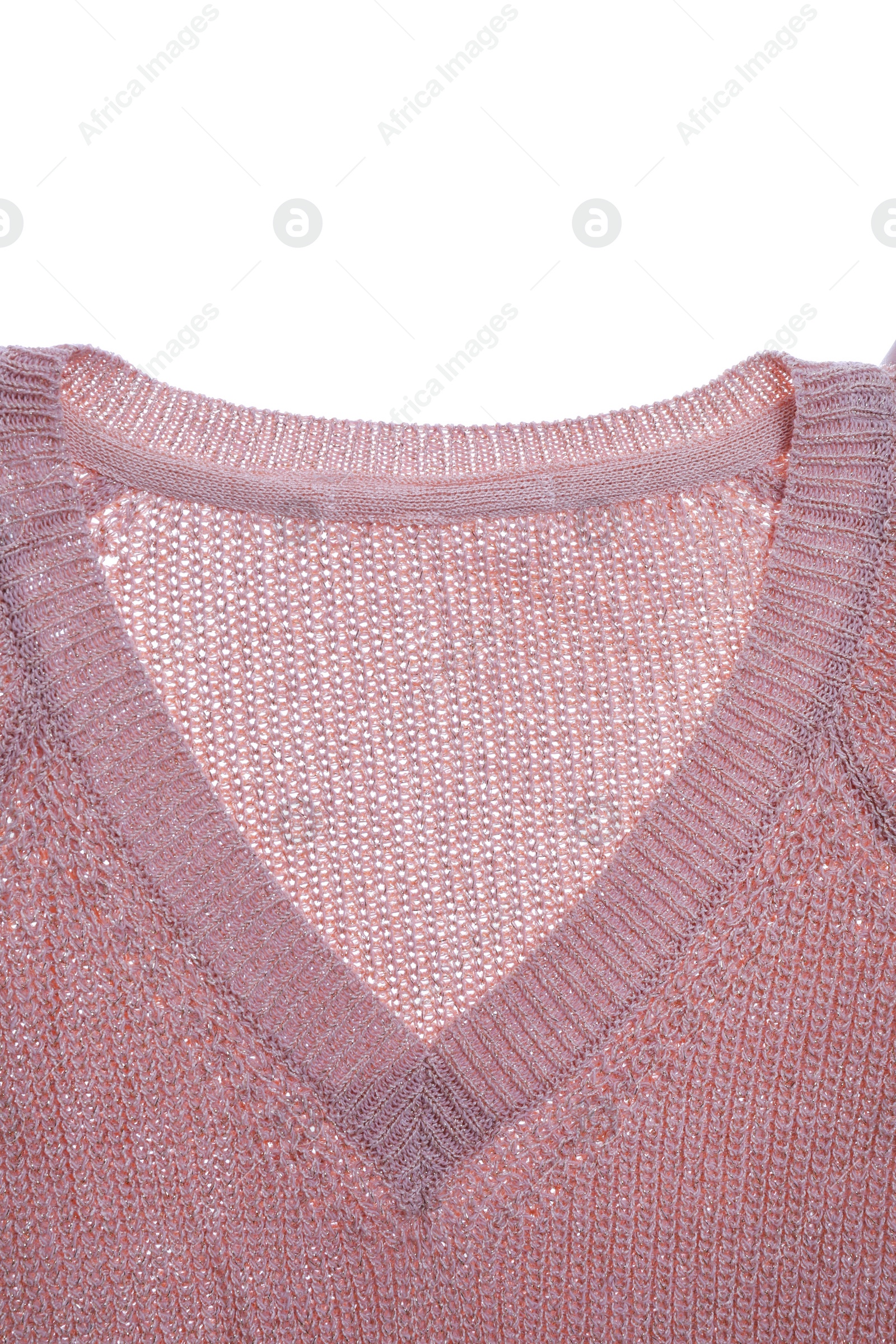 Photo of Cozy warm sweater on white background, closeup