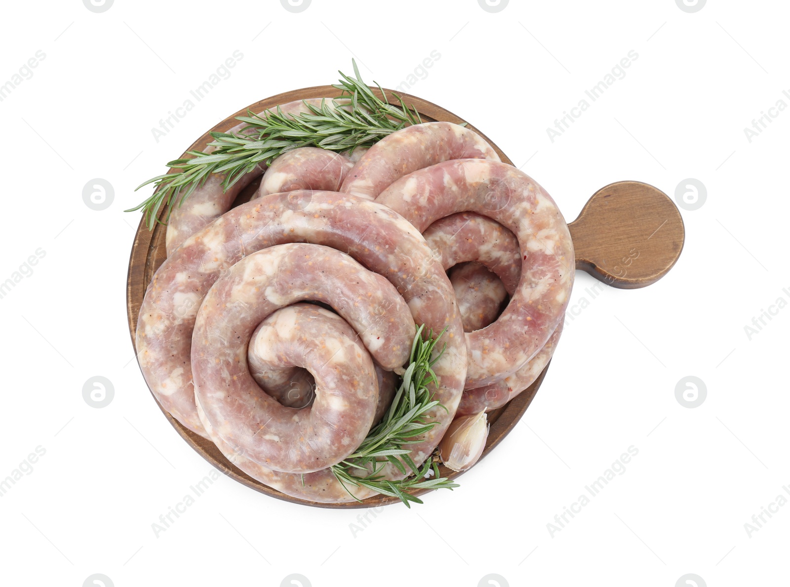 Photo of Board with homemade sausages and rosemary isolated on white, top view