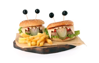 Photo of Cute monster burgers served with french fries isolated on white. Halloween party food