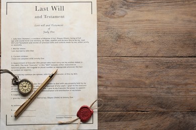 Last Will and Testament with wax seal, pocket watch and pen on wooden table, top view. Space for text
