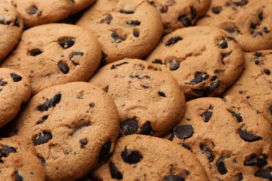 Photo of Delicious chocolate chip cookies as background, closeup