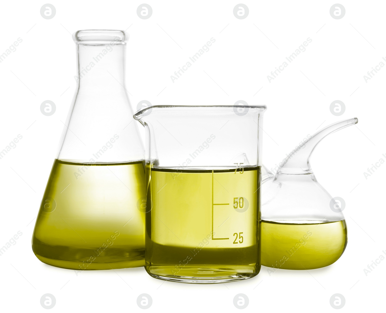 Image of Laboratory glassware with yellow liquid isolated on white