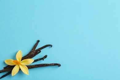 Photo of Flat lay composition with vanilla sticks and flower on blue background. Space for text