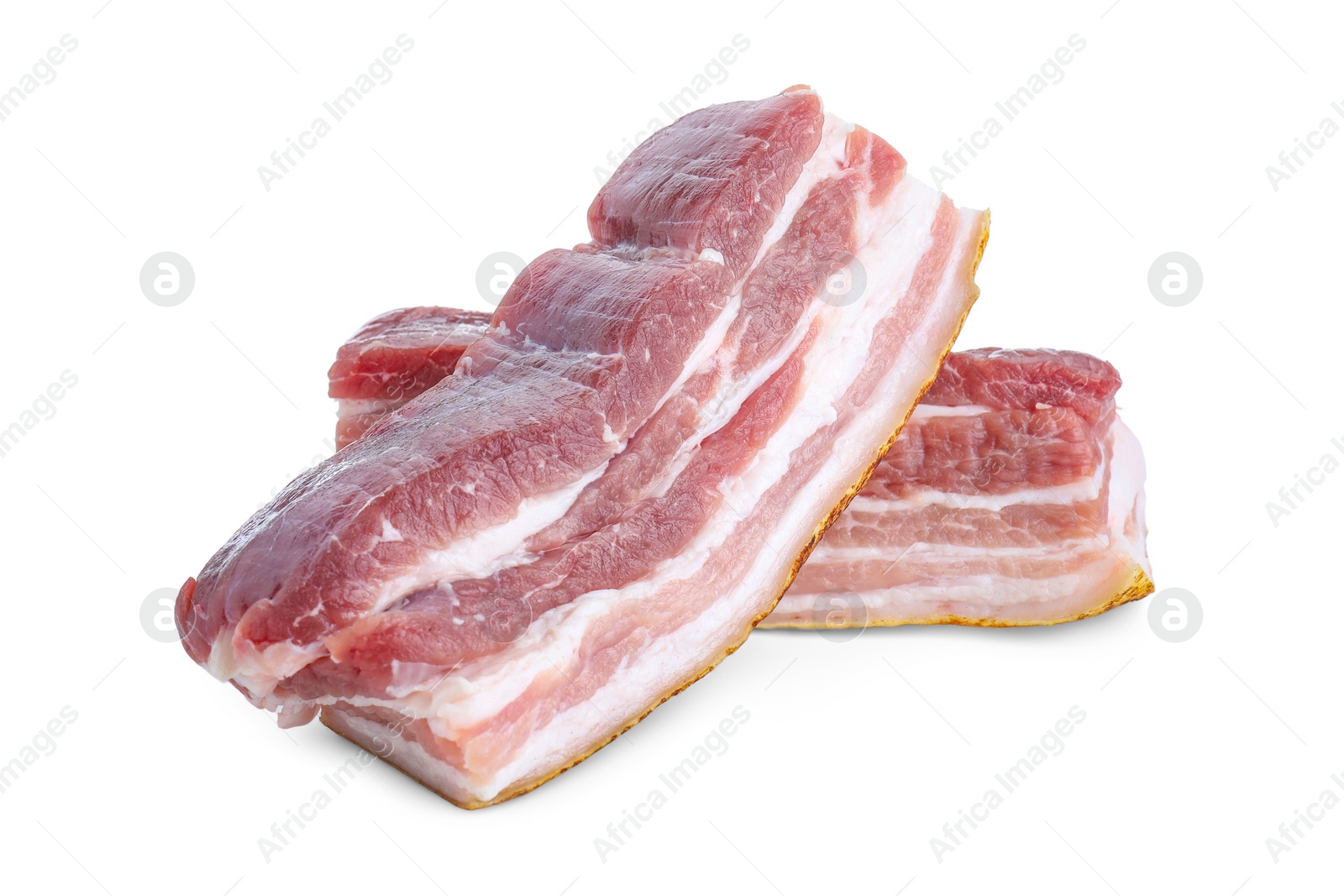 Photo of Pieces of raw pork belly isolated on white