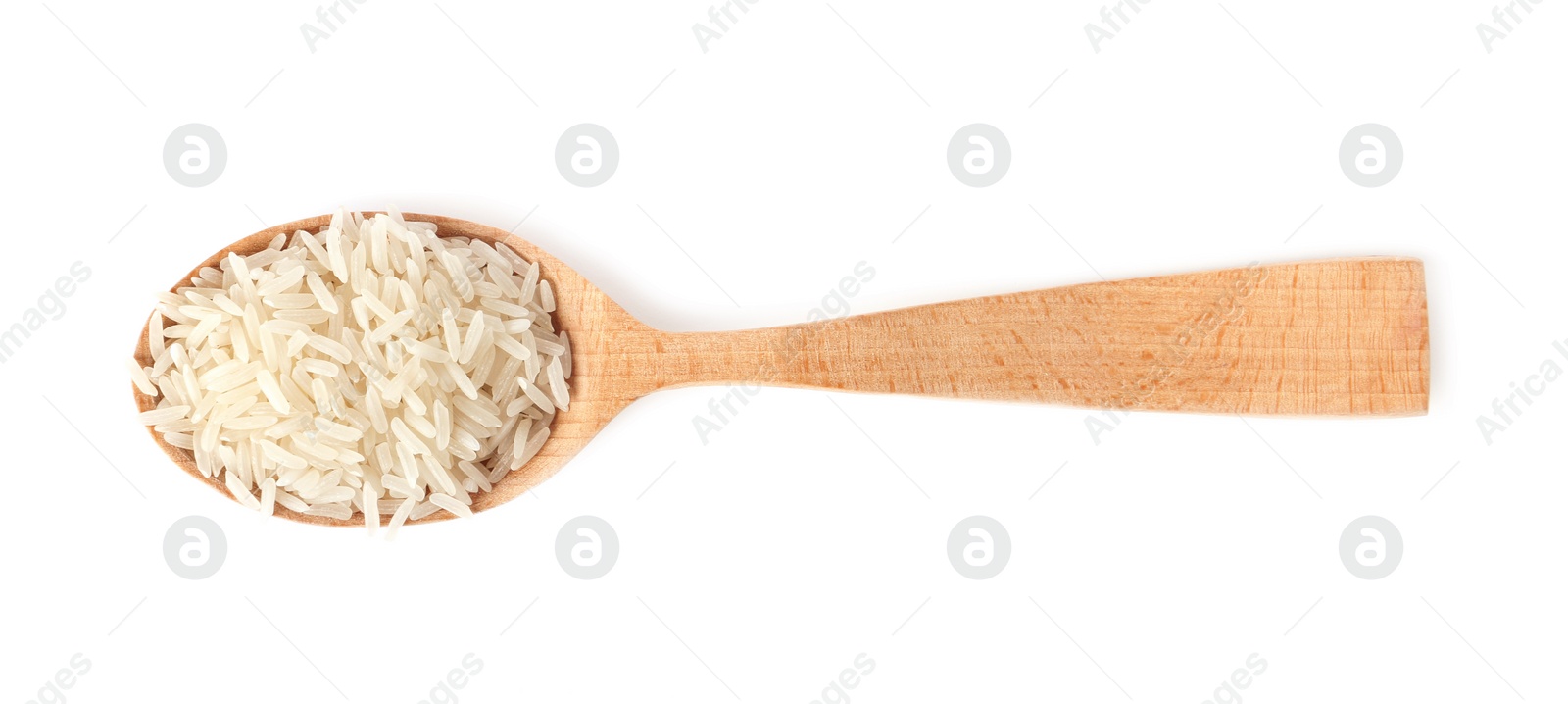 Photo of Spoon with uncooked long grain rice on white background, top view