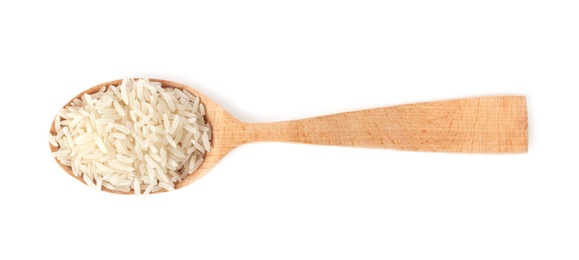 Photo of Spoon with uncooked long grain rice on white background, top view
