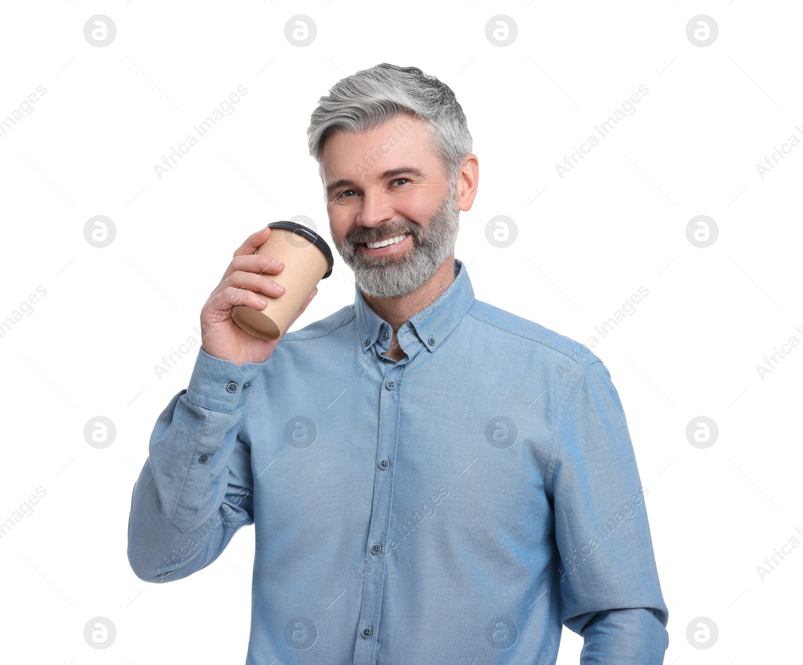 Photo of Mature businessman in stylish clothes with cup of drink posing on white background