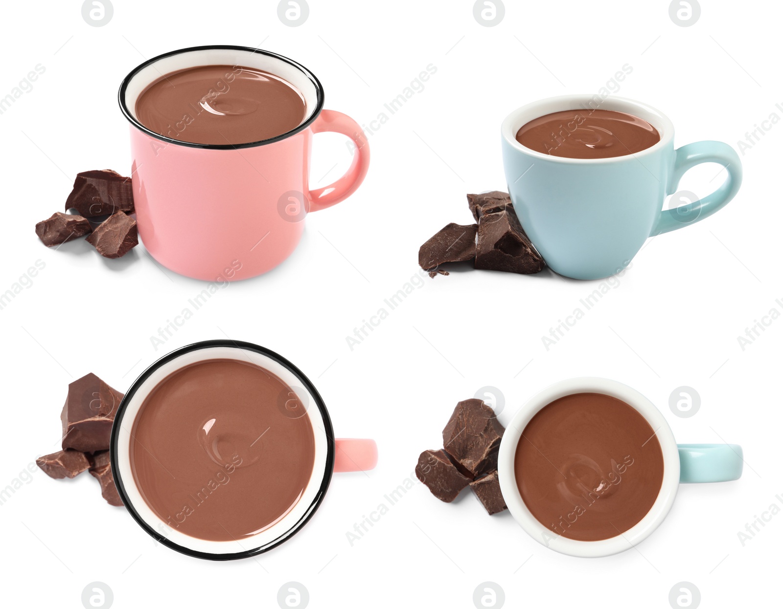 Image of Delicious hot chocolate in cups isolated on white, top and side views