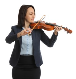 Music teacher playing violin on white background