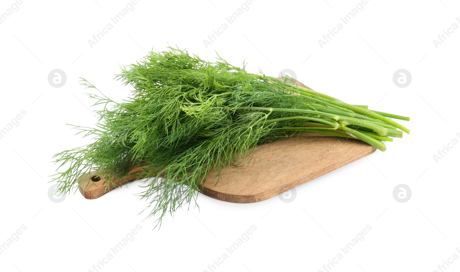 Photo of Wooden board with fresh dill isolated on white