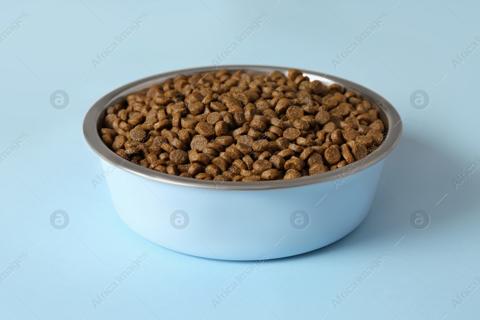 Photo of Dry dog food in pet bowl on light blue surface