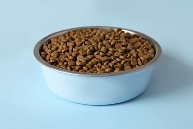 Dry dog food in pet bowl on light blue surface