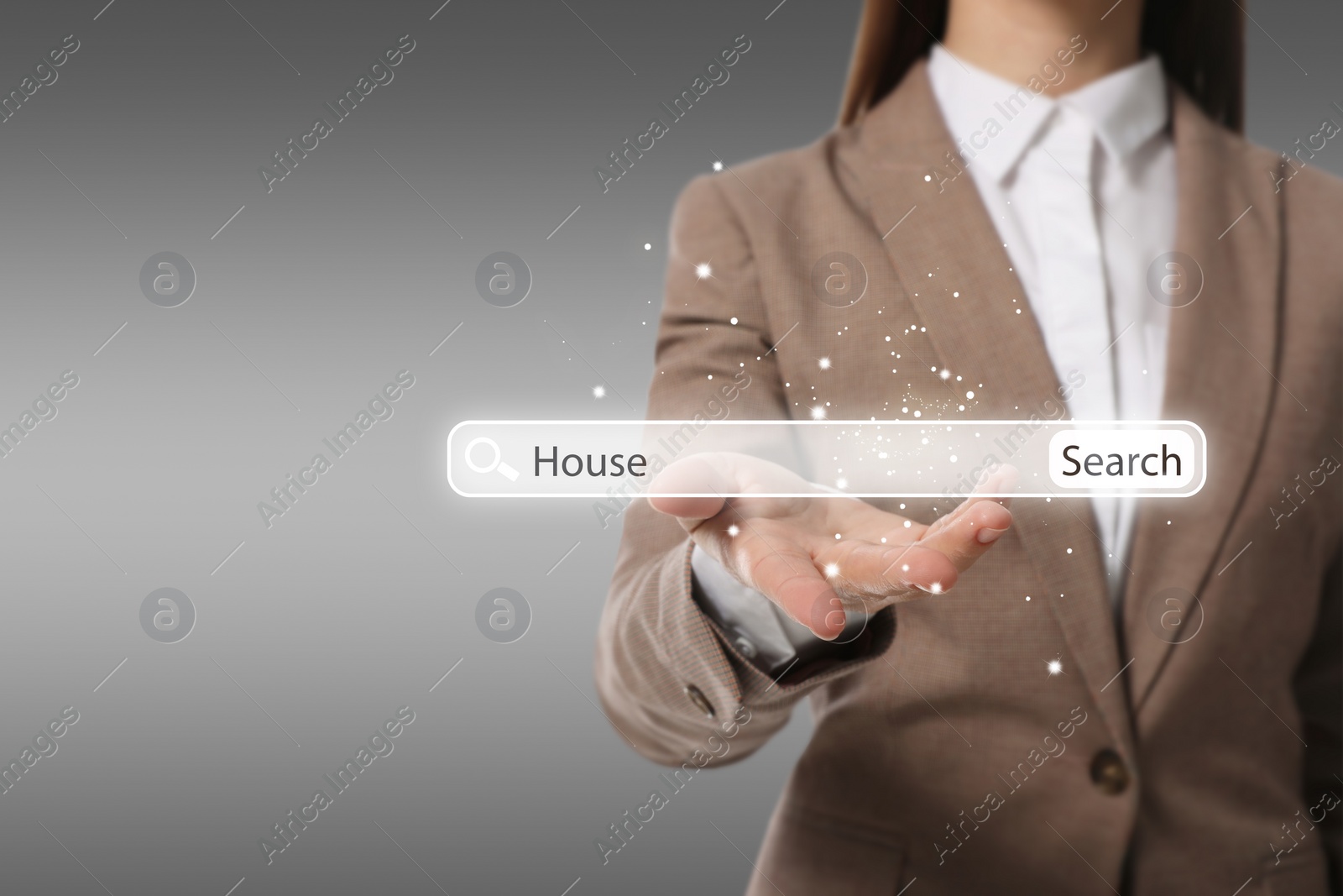 Image of Real estate agent holding virtual search bar with word House on grey background, closeup. Space for text