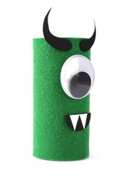 Photo of Monster made of green felt isolated on white. Halloween decoration