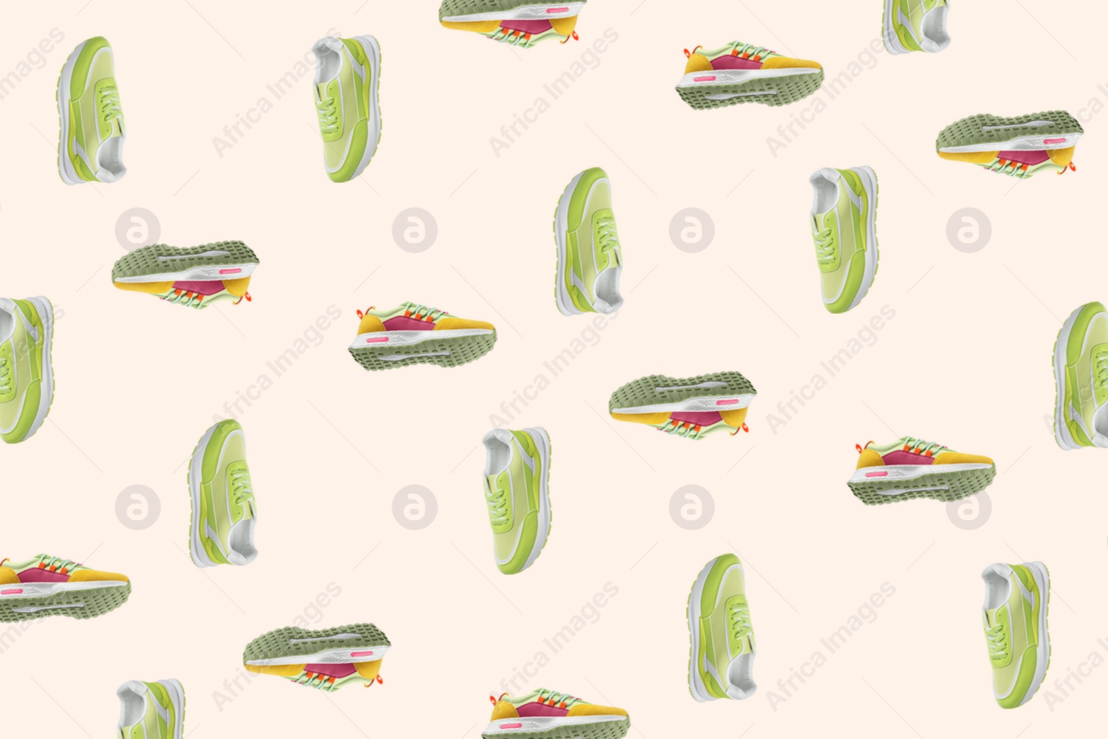 Image of Collage of bright stylish sneakers on beige background, different views