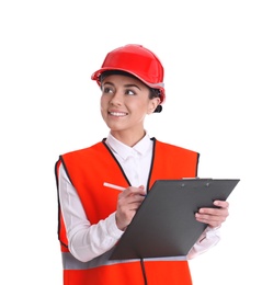 Female industrial engineer in uniform with clipboard on white background. Safety equipment