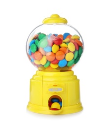 Photo of Candy dispenser with colorful treats on white background