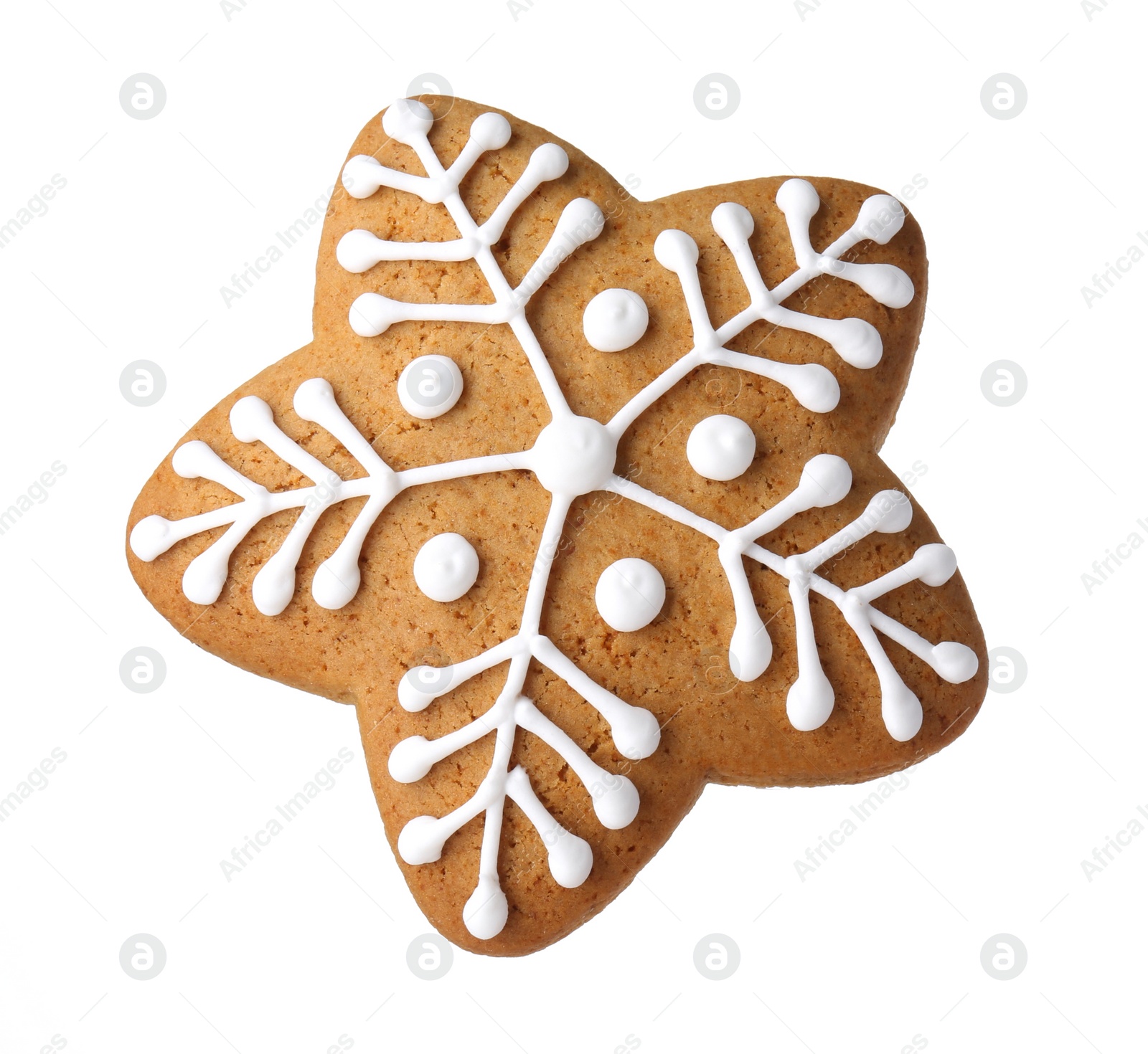 Photo of Tasty star shaped Christmas cookie with icing isolated on white