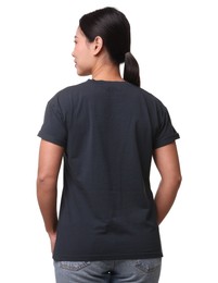 Woman wearing black t-shirt on white background