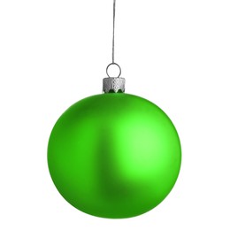 Image of Green Christmas ball hanging on white background