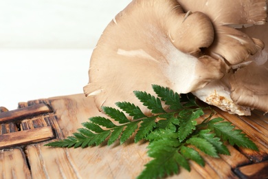 Delicious organic oyster mushrooms with leaves on wooden board, closeup. Space for text