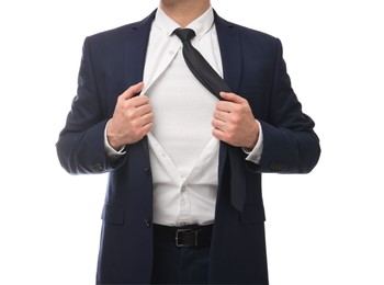 Photo of Businessman wearing superhero costume under suit on white background, closeup