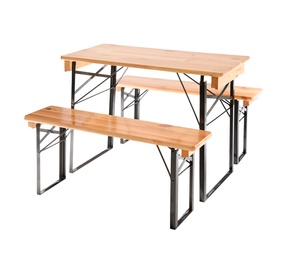 Wooden picnic table with benches on white background