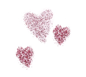 Hearts made of pink glitter on white background, top view